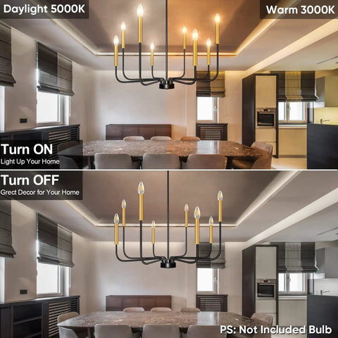 Black Matte Farmhouse 8 Light Chandelier With Gold Candle Accents Dope Modern Pendant Ceiling Light For Dining Room, Kitchen, Hallway, Living Room, Bedroom, Office, Bar, Foyer