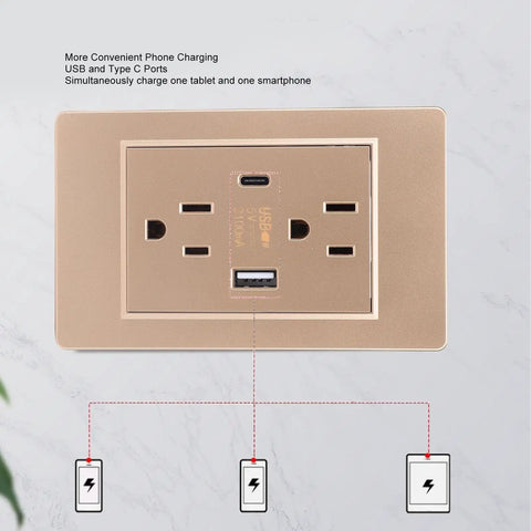 Heavy Duty Wall Outlet With Dual Usb And Type C Charging Ports, 15 Amp Electrical Receptacle showing charging ports and socket design.