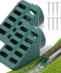 Angled Lawn Drain Grate 2 Pack, 4 Inch Green Yard Drainage Grate For Sump Pump Discharge And Downspout Extensions shown in green PVC with screws and installed example on grass