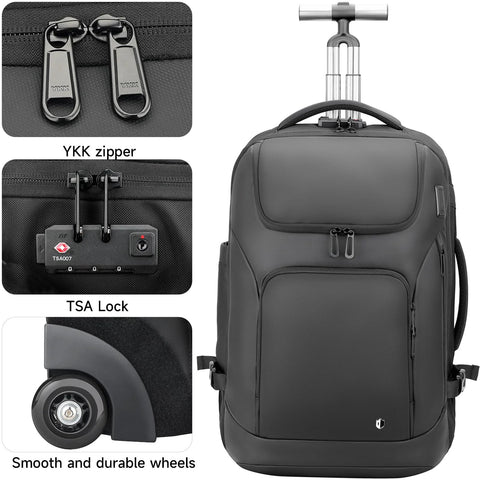SWICKY RICOOI rolling backpack with wheels and retractable handle; gray water-resistant fabric and front pockets.