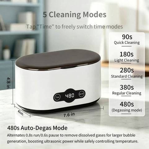 Heavy Duty Portable Ultrasonic Jewelry And Eyeglasses Cleaner Featuring A Slick Stainless Steel Tank with 5 cleaning modes.