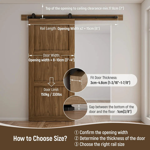 Five Foot Sliding Barn Door Hardware Kit Heavy Duty With Quiet Smooth Operation And Easy Install Fits Thirty Inch Wide Single Door Panel T Shaped Black Includes Solid Steel Roller Hanger And High Strength Flat Tracks Supports Up To 330 Lb 150 Kg installed view image with size guide and measurements