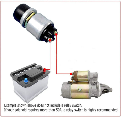 Diagram showing Beefed Up 50A 12V Waterproof Push Button Switch For Car And Boat SPST Momentary linked to battery and starter motor.