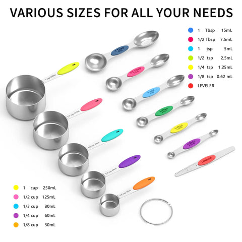 Magnetic Stainless Steel Measuring Cups And Spoons Set 12 Piece Kitchen Tool Bundle With 5 Cups And 6 Double Sided Spoons And Leveler.