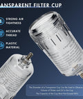 Clear plastic filter cup for One Quarter Inch NPT Air Dryer For Compressor Pro Grade with text showing features and specifications.