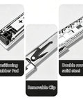 Detailed view of Premium Heavy Duty Full Extension Drawer Slides showing positioning rubber pad, removable clip, and double row of solid steel.