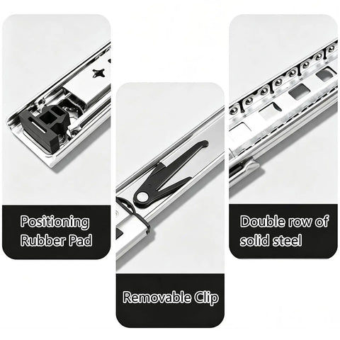 Top Shelf Full Extension Ball Bearing Drawer Slides Side Mount Track Replacement With Safety Lock For RV Camper And Garage Shelving Crafted Heavy Duty From Cold Rolled Steel 52 Inch featuring removable clip and positioning rubber pad.