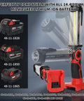 2000LM LED Work Light For Milwaukee M18 18V Batteries with adjustable 90-degree head and battery compatibility display.