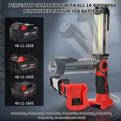 2000LM LED Work Light For Milwaukee M18 18V Batteries with adjustable 90-degree head and battery compatibility display.
