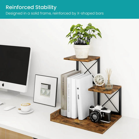 Compact Desk Shelf Organizer Three Tier Storage Riser For Small Desks Rustic Brown Black Finish with books and decor items