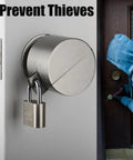 Front view of Door Knob Lockout Gadget With Padlock And Stainless Steel Lock Cover For Privacy Protection Preventing Keyhole Access