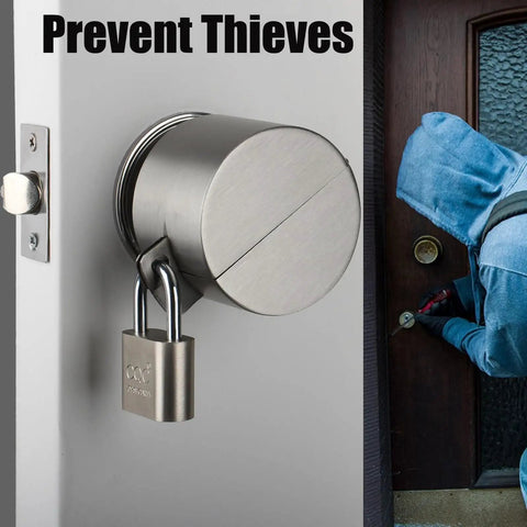 Front view of Door Knob Lockout Gadget With Padlock And Stainless Steel Lock Cover For Privacy Protection Preventing Keyhole Access