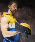 Legit Screen Accurate Wolverine Premium Roleplay Mask Featuring Authentic Movie Details And Officially Licensed Construction For Top Shelf Adult Collectibles And Zero Fuss Cosplay held by a man in a yellow and blue outfit.