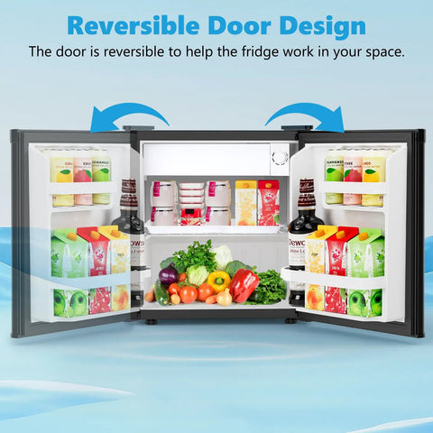 Slick 1.6 Cubic Foot Compact Mini Fridge With Freezer And Small Upright Kitchen Unit For Bedroom Dorm Or Office featuring reversible door design and organized interior.
