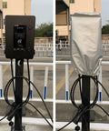 Rock Solid EV Charger Cover Heavy Duty Waterproof Shell shown covering electric vehicle station, providing snow and rain protection.