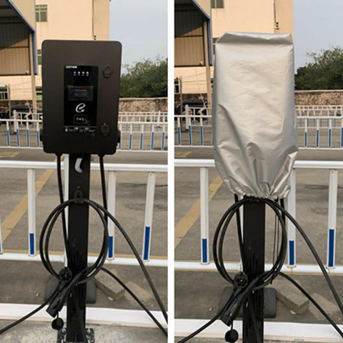 Rock Solid EV Charger Cover Heavy Duty Waterproof Shell shown covering electric vehicle station, providing snow and rain protection.