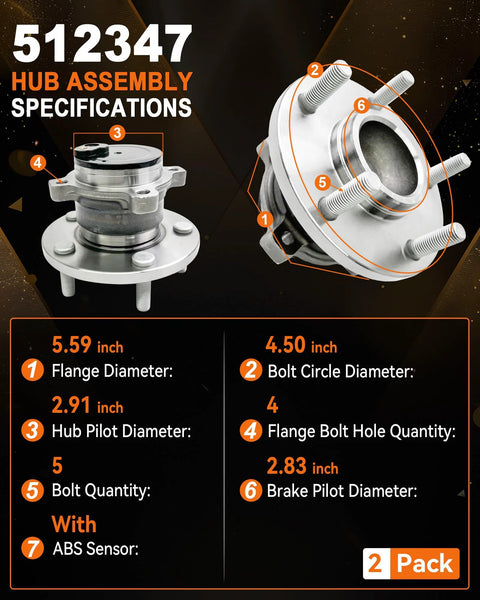 2 Pack Rear Wheel Bearing Hub Assembly 512347 For Mazda 3 2004 To 2013 And Mazda 5 2006 To 2010 2012 To 2017 5 Lug With ABS
