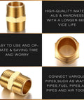 Two Piece Brass Pipe Fitting Three Quarter Inch NPT Hex Nipple Male Pipe Adapter Straight Connector Heavy Duty Brass Threaded Fitting for Secure Leak Free Connections, shown from different angles with usage text