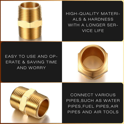 Two Piece Brass Pipe Fitting Three Quarter Inch NPT Hex Nipple Male Pipe Adapter Straight Connector Heavy Duty Brass Threaded Fitting for Secure Leak Free Connections, shown from different angles with usage text