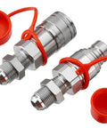 Racewill 1/2-inch flat-face hydraulic quick-connect couplers with red caps and 5/8-inch JIC bulkhead threads