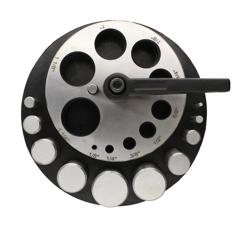 Pro Grade Heavy Duty Steel Circle Disc Cutter Set With Ten Punches and die cuts featuring rubber base and handle for metal projects