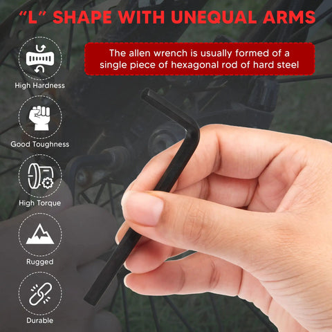 Hand holding an L-shaped hex key, part of the Industrial Grade 30 Piece Hex Key Allen Wrench Set For Auto Bike Furniture And Machinery Repairs