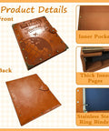 Badass Vintage Leather Scrapbook Album With Sixty Pages Memory Book And Hella Cute Travel Journal Kit For DIY Photo Keepsakes And Totally Sweet Anniversary Gifts Featuring Metal Rivet Binding And Complete Craft Supplies Inside - front cover and back view with rivet details.