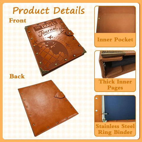 Badass Vintage Leather Scrapbook Album With Sixty Pages Memory Book And Hella Cute Travel Journal Kit For DIY Photo Keepsakes And Totally Sweet Anniversary Gifts Featuring Metal Rivet Binding And Complete Craft Supplies Inside - front cover and back view with rivet details.