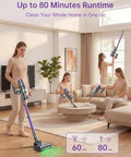 Heavy Duty Cordless Stick Vacuum in use on hardwood floors, showcasing 60KPa Beast Suction and 80-minute runtime.