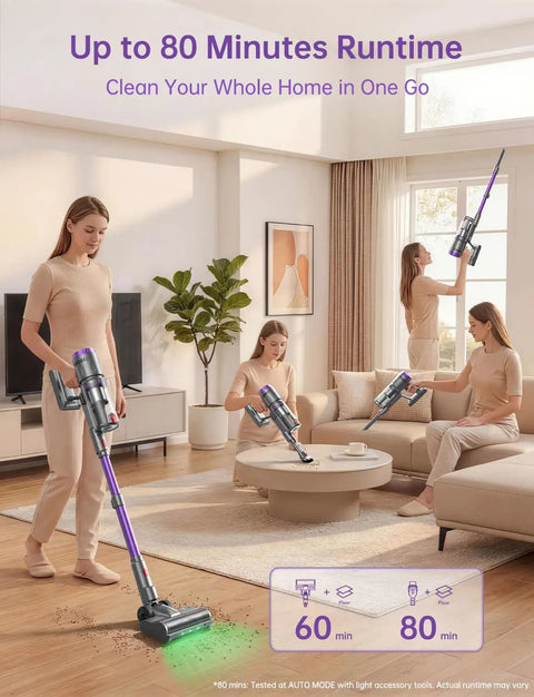 Heavy Duty Cordless Stick Vacuum in use on hardwood floors, showcasing 60KPa Beast Suction and 80-minute runtime.