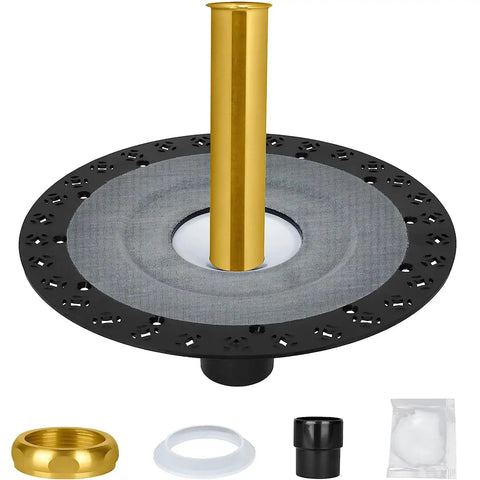 Rock Solid Freestanding Bathtub Drain Rough In Mounting Kit stainless steel drain base with gold pipe and black support components.