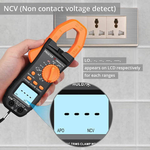 True RMS Clamp Meter 800A AC DC With 6000 Count Multimeter showing NCV detection near an electrical socket, focus on display screen
