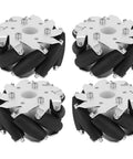 4-pack 100mm mecanum wheels for robots with nine rubber rollers, ideal for omnidirectional movement and precise spin in robot applications.