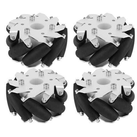Four 100mm steel mecanum wheel modules with black rubber rollers and silver metal plates for omni-directional RC robot cars.