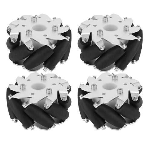 100 mm Durable Steel Mecanum Wheel Kit for RC cars four wheel set, showing top view of individual wheels with black rollers.