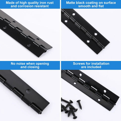 Sixteen Piece 8 Inch Piano Hinges Straight Up Heavy Duty Continuous Hardware In Rust Resistant Iron With Hella Durable Matte Black Coating For Cabinets And Doors showing smooth matte black finish and included screws.
