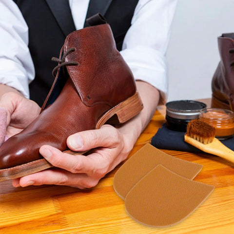 No Slip Rubber Shoe Heel Pads Self Adhesive Heel Protectors with leather boot, brush, and polish setup