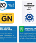 Premium HEPA Vacuum Bags Style GN 20 Pack For Miele C1 C2 C3 And AirClean 3D Efficiency with packaging details.