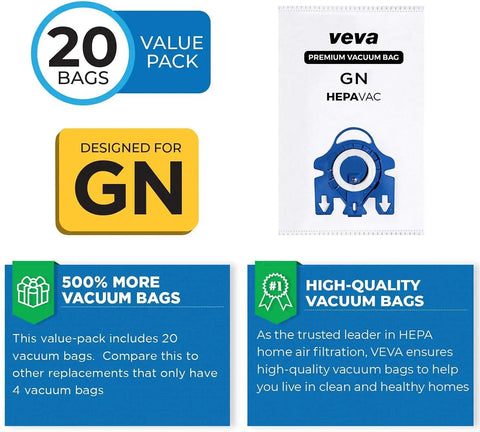 Premium HEPA Vacuum Bags Style GN 20 Pack For Miele C1 C2 C3 And AirClean 3D Efficiency with packaging details.