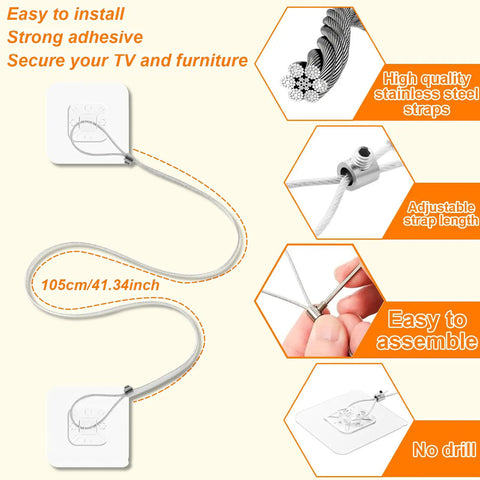 Adjustable 42 Inch TV Safety Straps No Drill Anti Tip Furniture Anchors Kit For Baby Proofing 2 Pack Plus 4 Spare Adhesive Pads