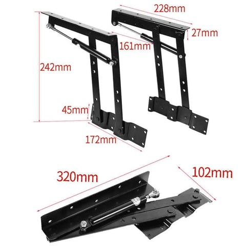 2 Liftable Coffee Table Hinges With Silent Hydraulic Buffer, Heavy Duty Steel Hardware, shown in measurements and folded view