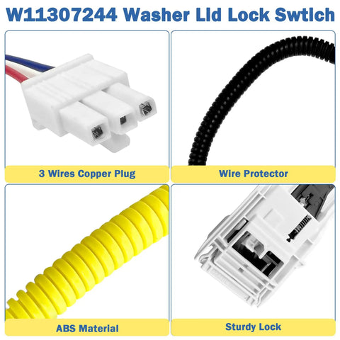 Rugged Washer Lid Lock Assembly Replacement For Whirlpool Maytag Kenmore W11307244 W10682535 with 3 wires copper plug and ABS material.