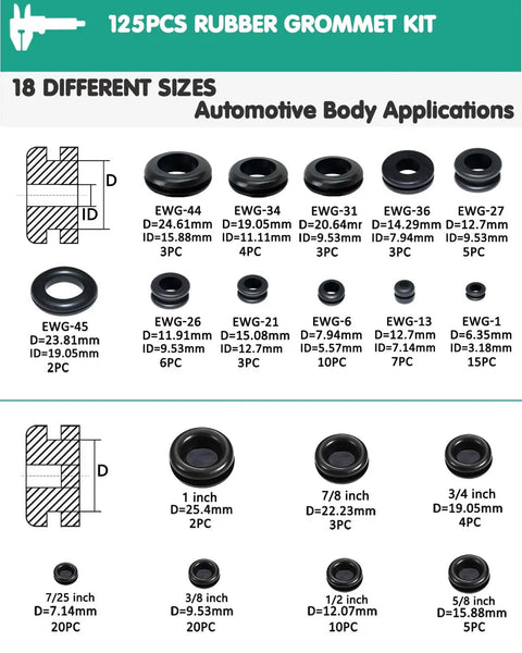 Rubber Grommet Kit 125 Pieces In Eighteen Sizes For Wiring And Automotive Firewall Protection with size details, top view