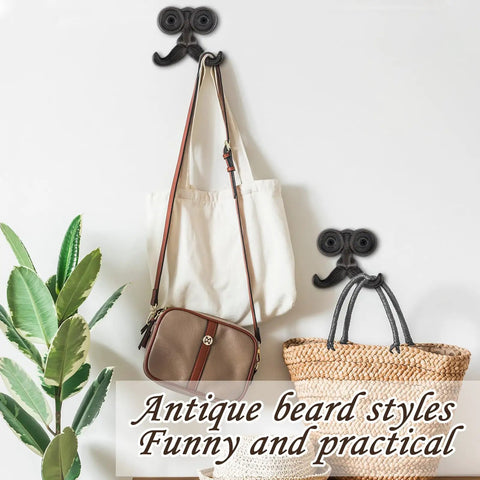 Heckin Durable Four Piece Cast Iron Beard Wall Hooks For Old School Farmhouse Charm and Dang Tough Rustic Decor Hanging Rack For Coats Scarves Towels Keys With Mounting Hardware Included, mounted with bags.