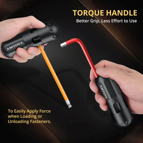 Hands holding torque handle from 27 Piece Allen Key Set With Extra Long Ball And Star End Hex Keys T Handle Color Coded Wrenches