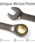Close-up of 17mm Ratcheting Combination Wrench from 10 Piece Metric Set, Chrome Vanadium Steel with Unique Nickel Finish