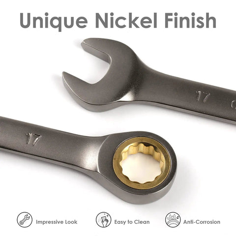 Close-up of 17mm Ratcheting Combination Wrench from 10 Piece Metric Set, Chrome Vanadium Steel with Unique Nickel Finish