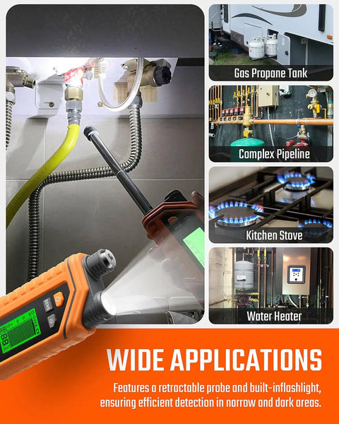 Top Notch Rechargeable Gas Leak Detector With 12 Inch Extendable Probe For Homes And RV Locks Out Natural Gas And Propane Leaks With Straight Fire Accuracy And Built In Flashlight For Worry Free Vibes, detecting gas near a kitchen stove.