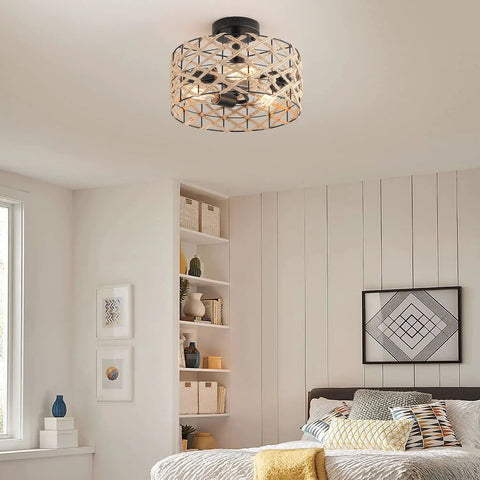 Room with 3 Light Rustic Woven Flush Mount Ceiling Light Fixture With Handmade Hemp Rope Cage Industrial Semi Flush Mount