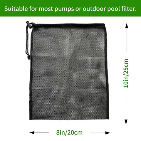 Two Pack 8 By 10 Inch Pond Pump Filter Bags Black Mesh Media Bags For Outdoor Water Ponds And Filters Keeps Debris Out And Prevents Clogs Easy Install Protective Pump Barrier For Garden Pond And Swimming Pool Systems, showing dimensions.